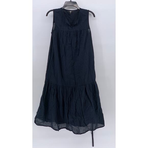 UNIQLO Women's Navy-Black Gingham Split Tie-Neck Sleeveless Belted Dress SZ XS - Picture 2 of 13